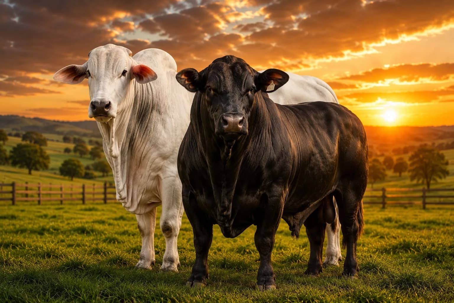 Touros Nelore e Brangus de genética selecionada em uma fazenda ao pôr do sol